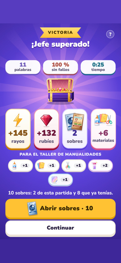 Cofre morado abierto tras vencer a El León de la Fuente, con rayos, rubíes, sobres y materiales del taller