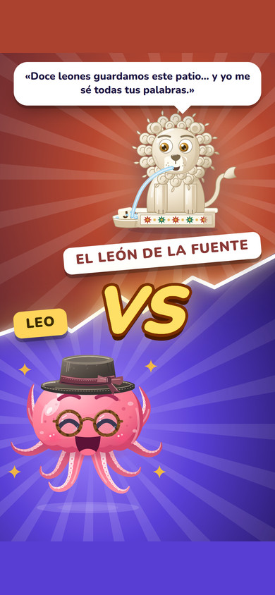 Presentación del combate contra El León de la Fuente: el león dibujado y Octi con sombrero y gafas, cara a cara