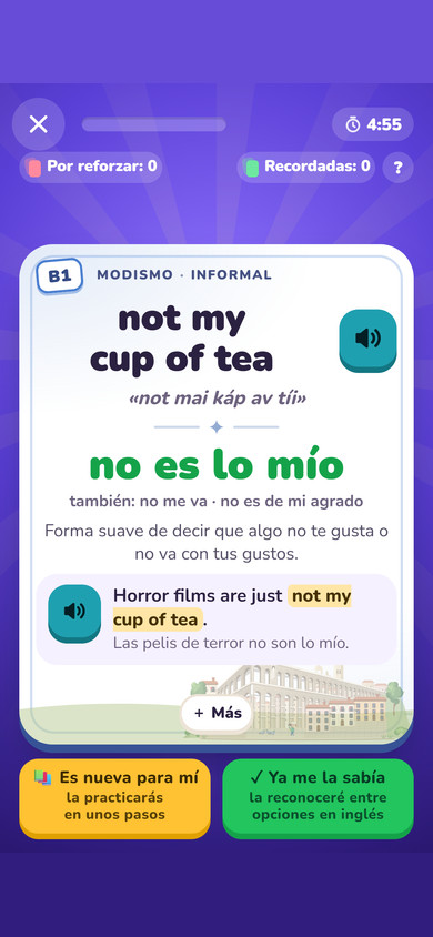 Reverso de not my cup of tea, nivel B1, con la traducción no es lo mío, un ejemplo y el acueducto de Segovia