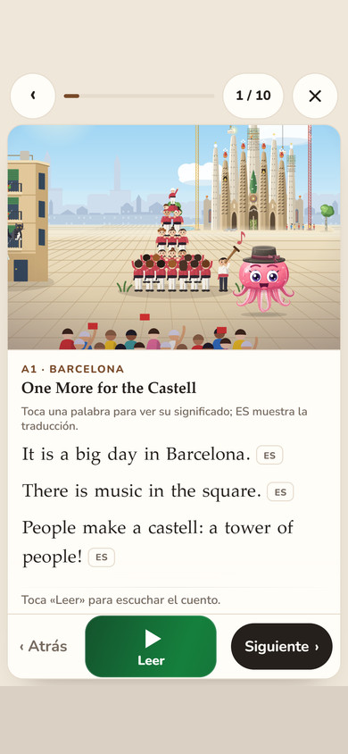 Cuento One More for the Castell, nivel A1 en Barcelona, con la Sagrada Família, un castell y Octi con sombrero cordobés