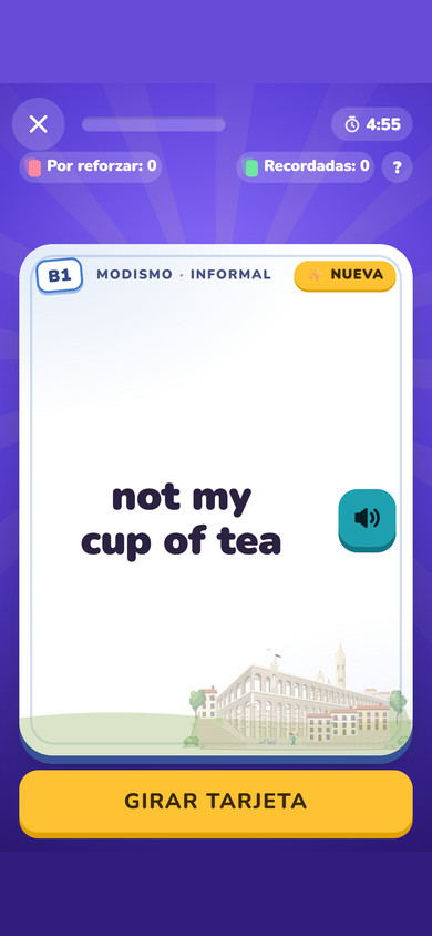 Tarjeta de not my cup of tea, nivel B1, antes de revelar la traducción, con el botón Girar tarjeta
